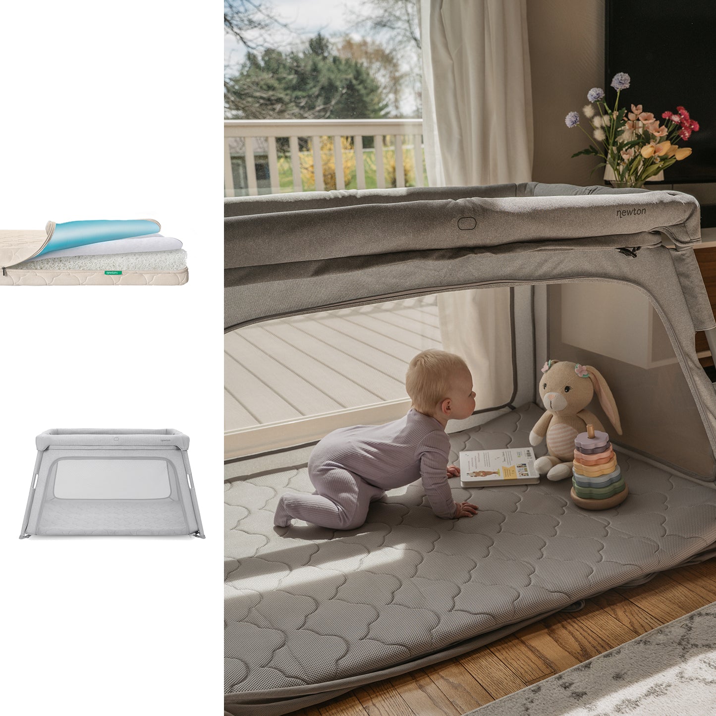 A baby plays in a gray Newton Baby Deluxe Travel Crib + Waterproof Crib Mattress on a soft mat, reaching for toys by a window. Also shown: folded mat and top-down view of the playpen.