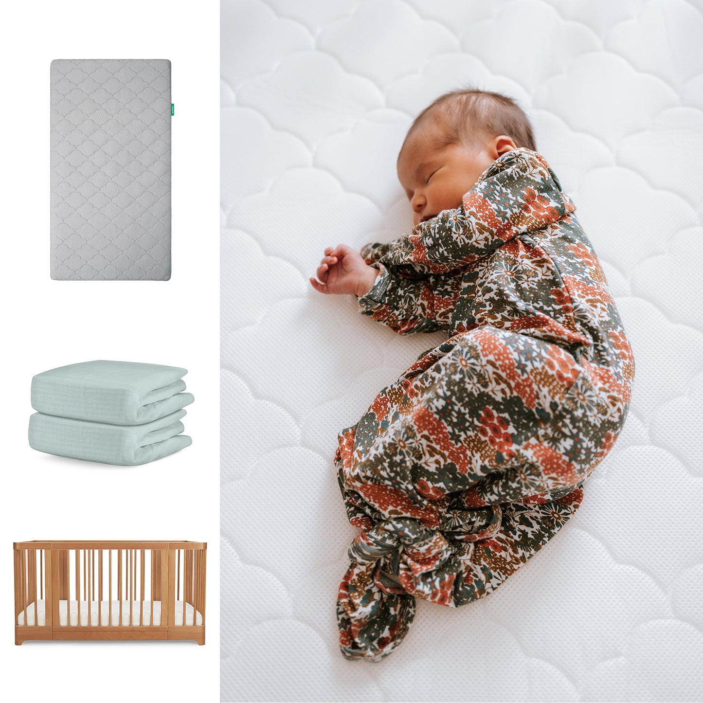 A baby in a floral swaddle rests on the Newton Baby Original Mattress. To the left, images show the Nest Convertible Crib and two folded breathable organic cotton sheets—all part of the Nest Convertible Crib, Mattress & Sheets set. 111-8420-CST-1000-GRY-SNS