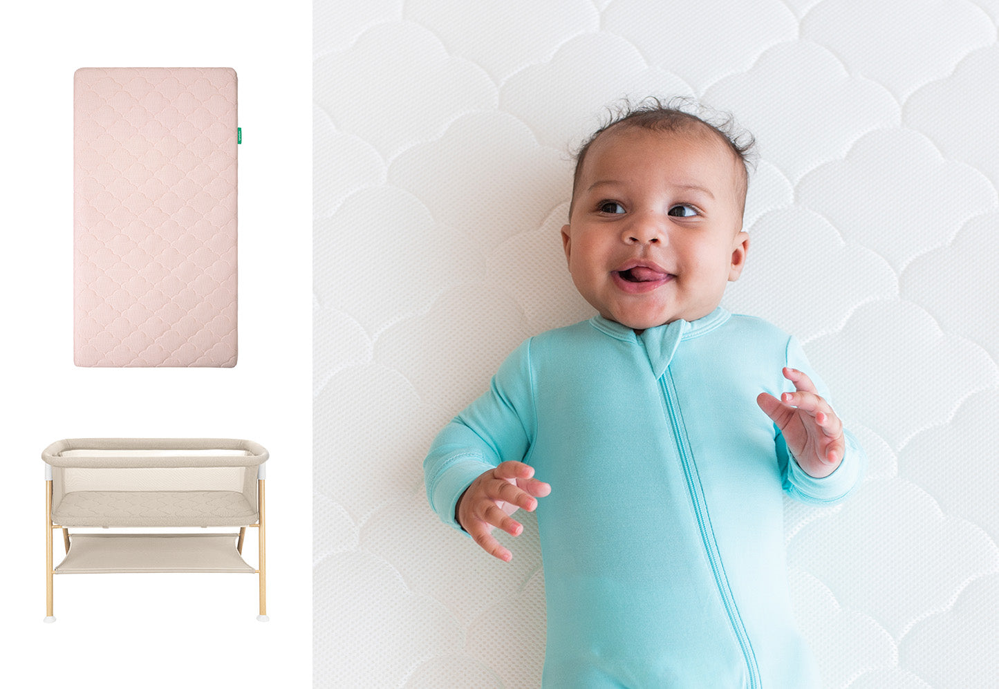 A happy baby in a light blue onesie lies on a white Newton Baby Original Crib Mattress. To the left, the Newton Baby Essential Bassinet with wooden legs and a fabric shelf sits below a pink crib mattress.