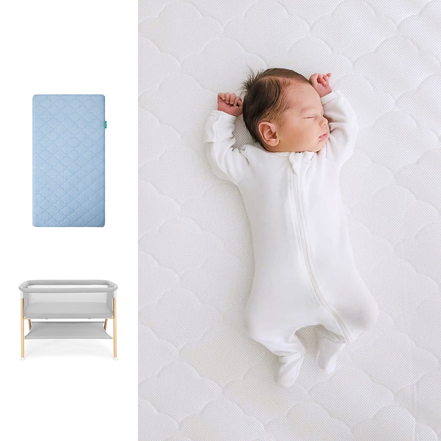 Newborn baby lying on a white mattress with a blue crib sheet and gray bassinet in the corner. 1000-blu-8402