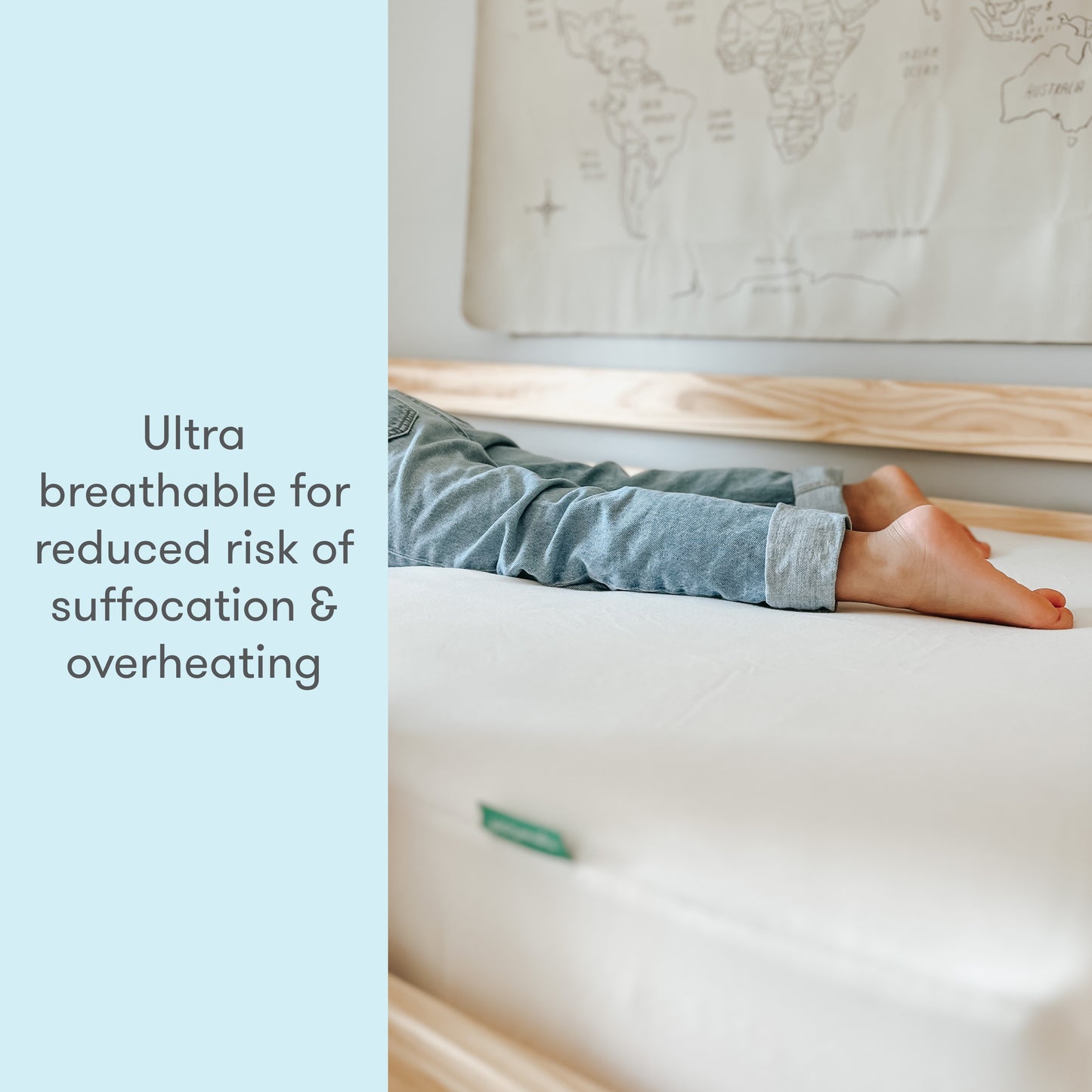 image of kids feet on newton twin mattress with text "ultra breathable for reduced risk of suffocation & overheating"