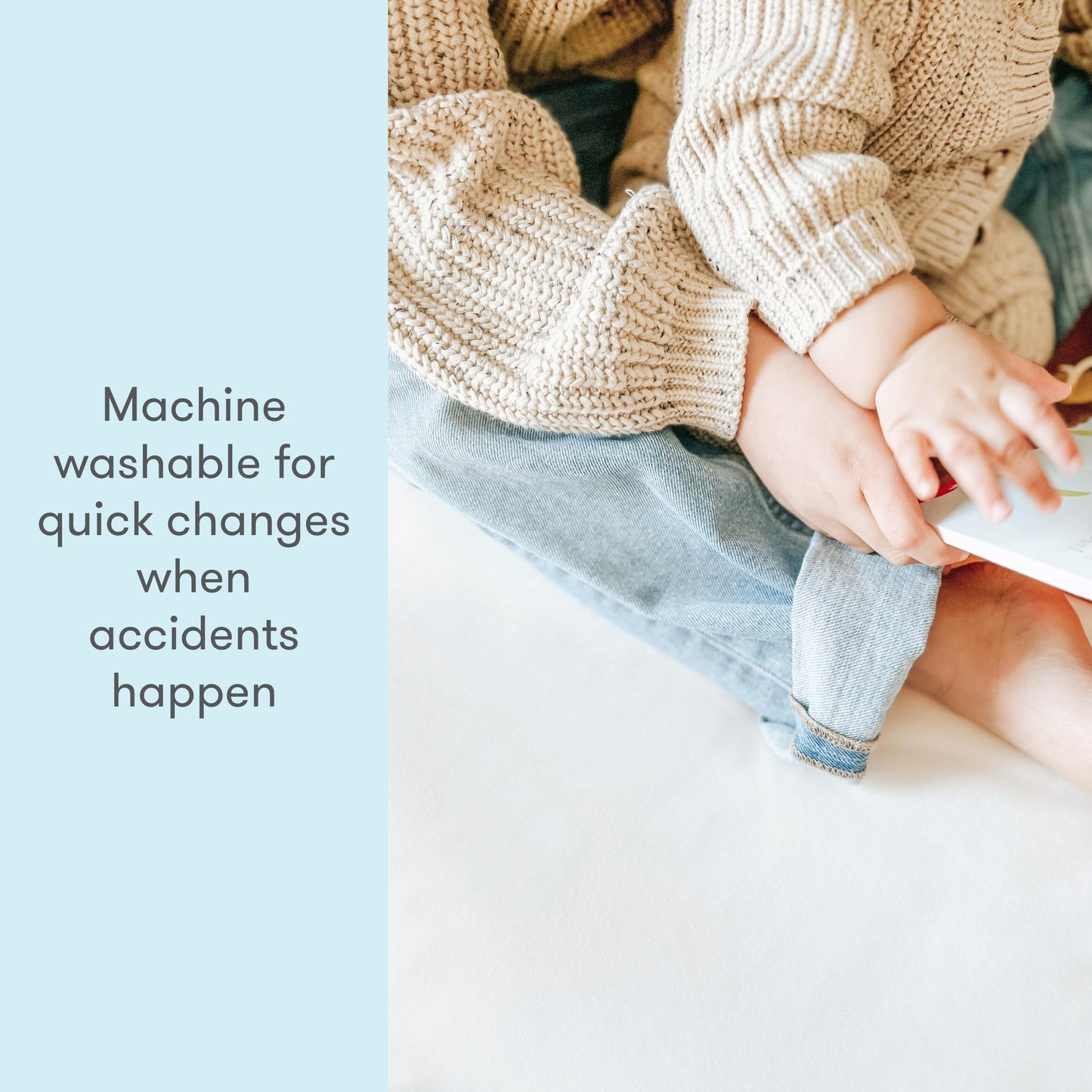 image of a childs hands and feet on white background with text "machine washable for quick changes when accidents happen"
