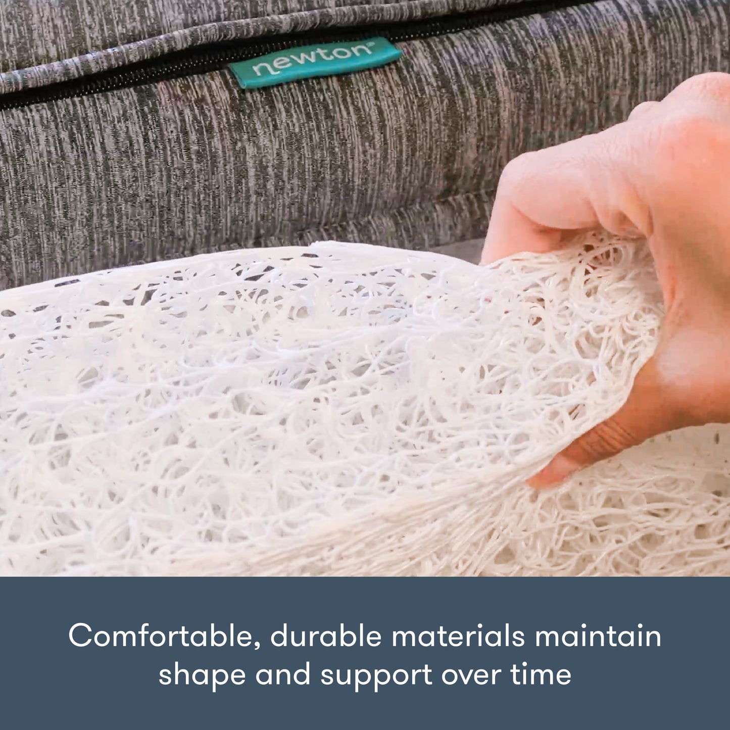 hand squeezing newton wovenaire core, next to pet bed cover, with text "comfortable, durable materials maintain shape and support over time."