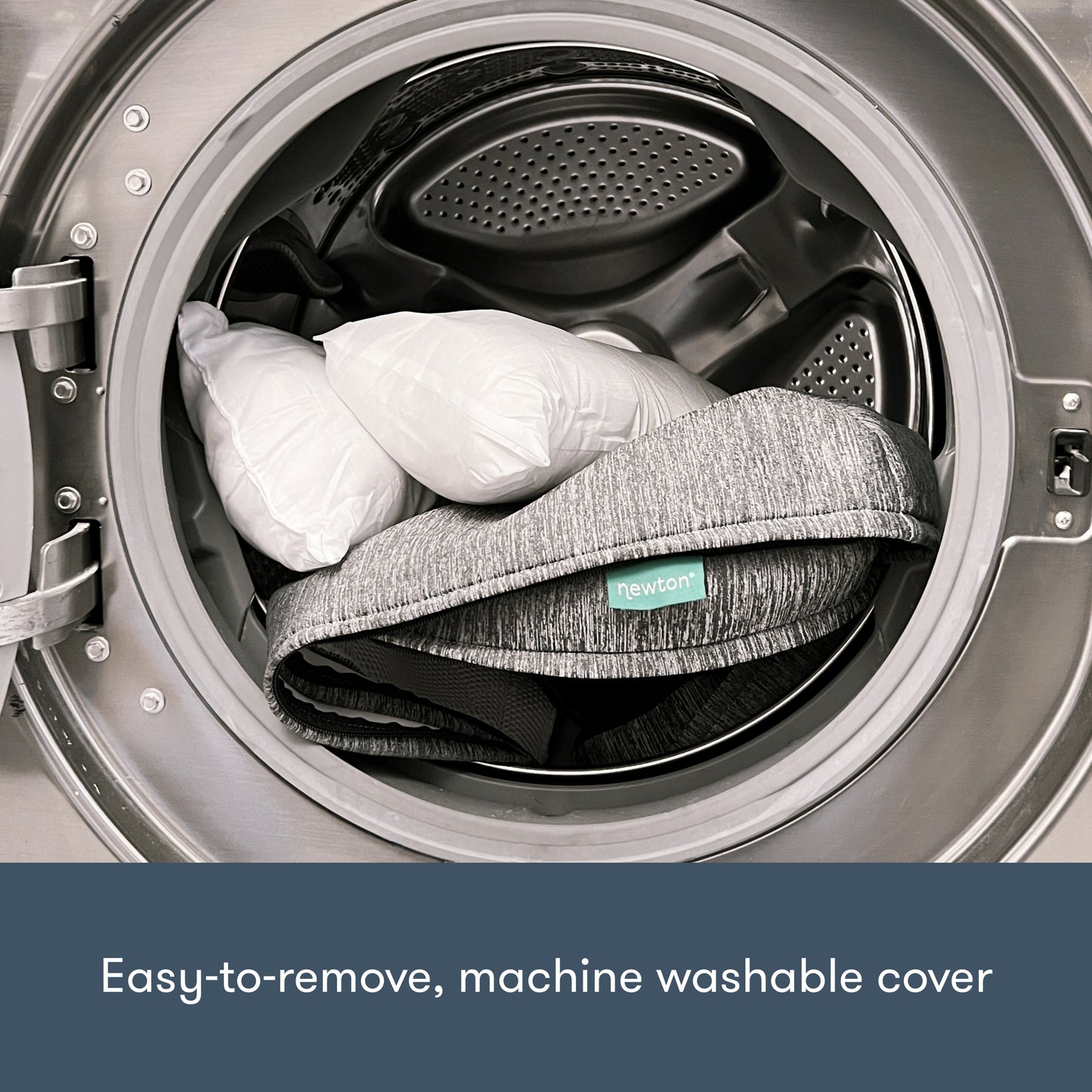 Newton pet bed cover inside washing machine, with text, "easy to remove, machine washable cover."
