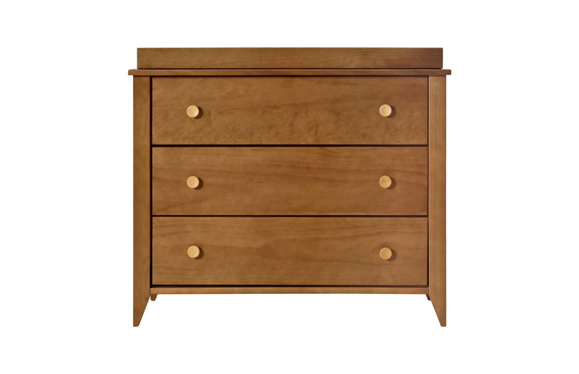 The Babyletto Sprout 3-Drawer Changer Dresser features a simple, modern design with three drawers, each adorned with two round, gold-colored knobs—perfect for a contemporary nursery.