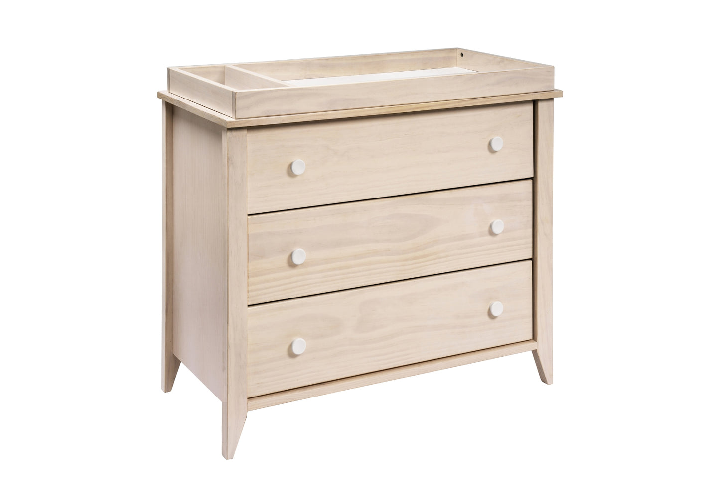 The Babyletto Sprout 3-Drawer Changer Dresser is a modern light wood nursery dresser with three drawers, white knobs, and a raised changing tray—ideal as a stylish changing table for your baby's room.