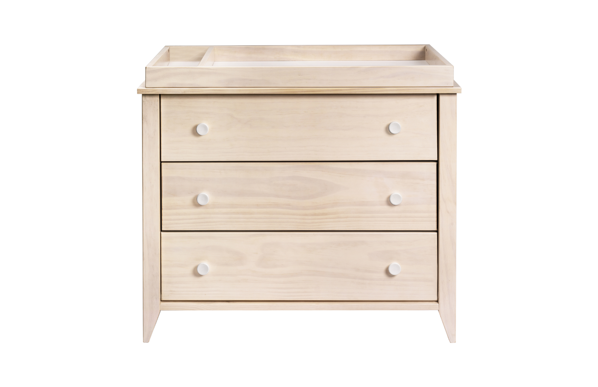 The Babyletto Sprout 3-Drawer Changer Dresser features a light wood finish, white knobs, and a raised edge for secure changing. Its simple, modern design makes it a perfect fit for any contemporary nursery.