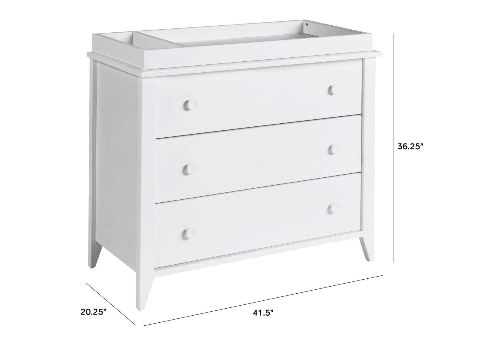 The Babyletto Sprout 3-Drawer Changer Dresser is a modern nursery piece with a white finish, round knobs, changing tray, and measures 36.25" H x 41.5" W x 20.25" D.