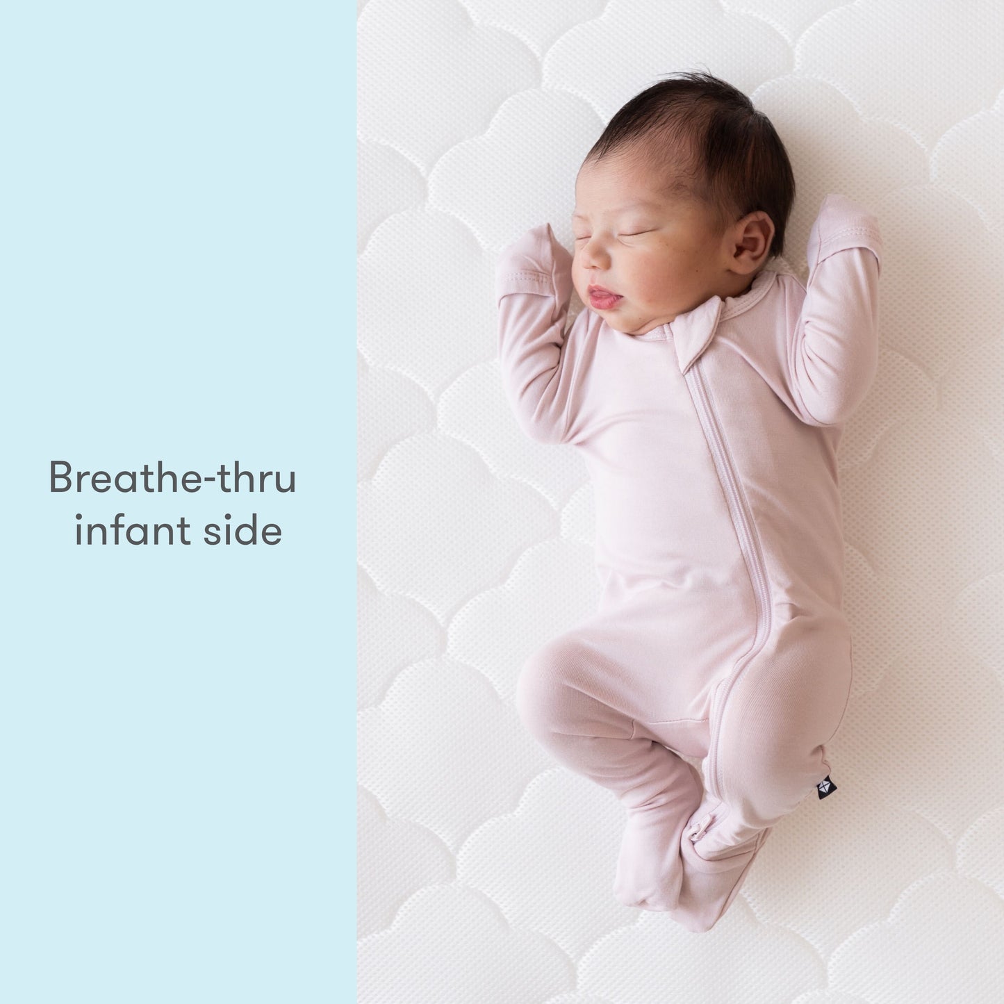 baby lying on back on mattress with text "breathe-thru infant side"