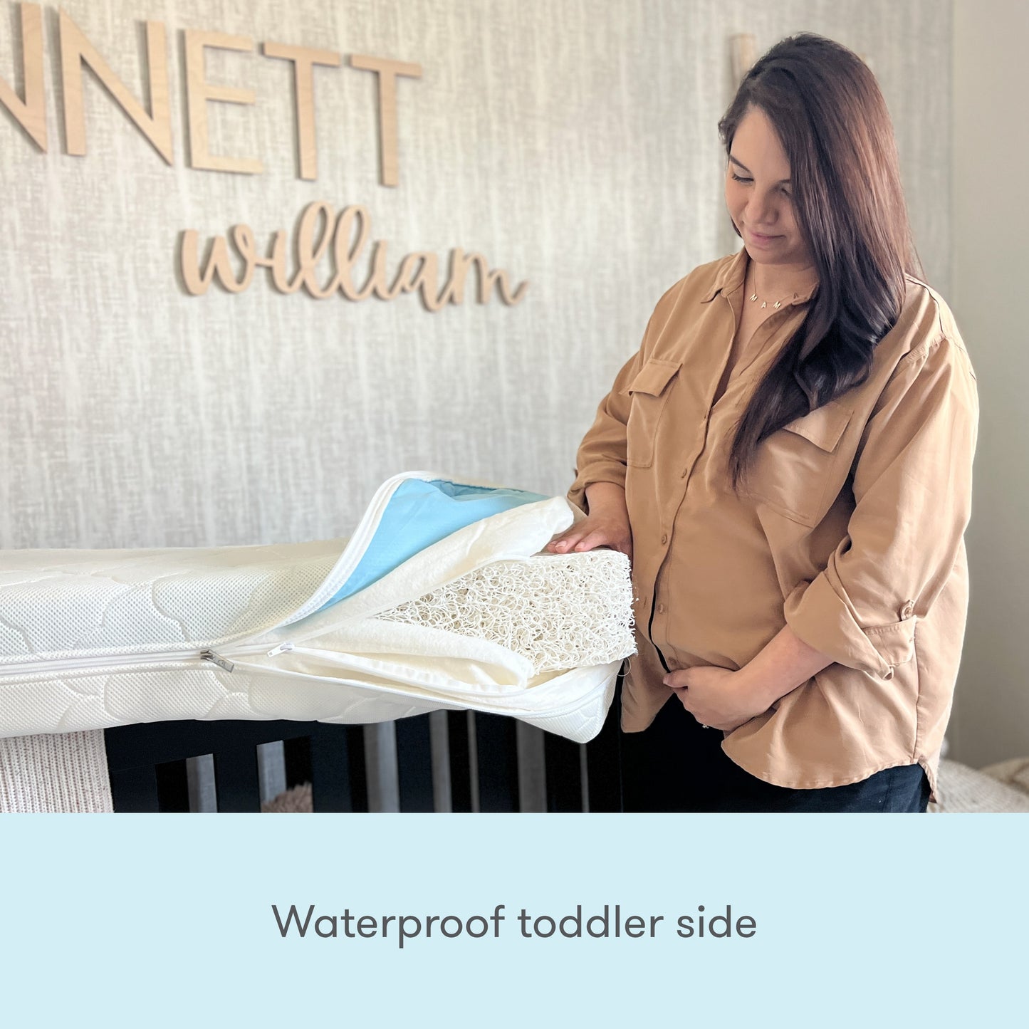 mom displaying newton wovenaire core in nursery with text "waterproof toddler side"