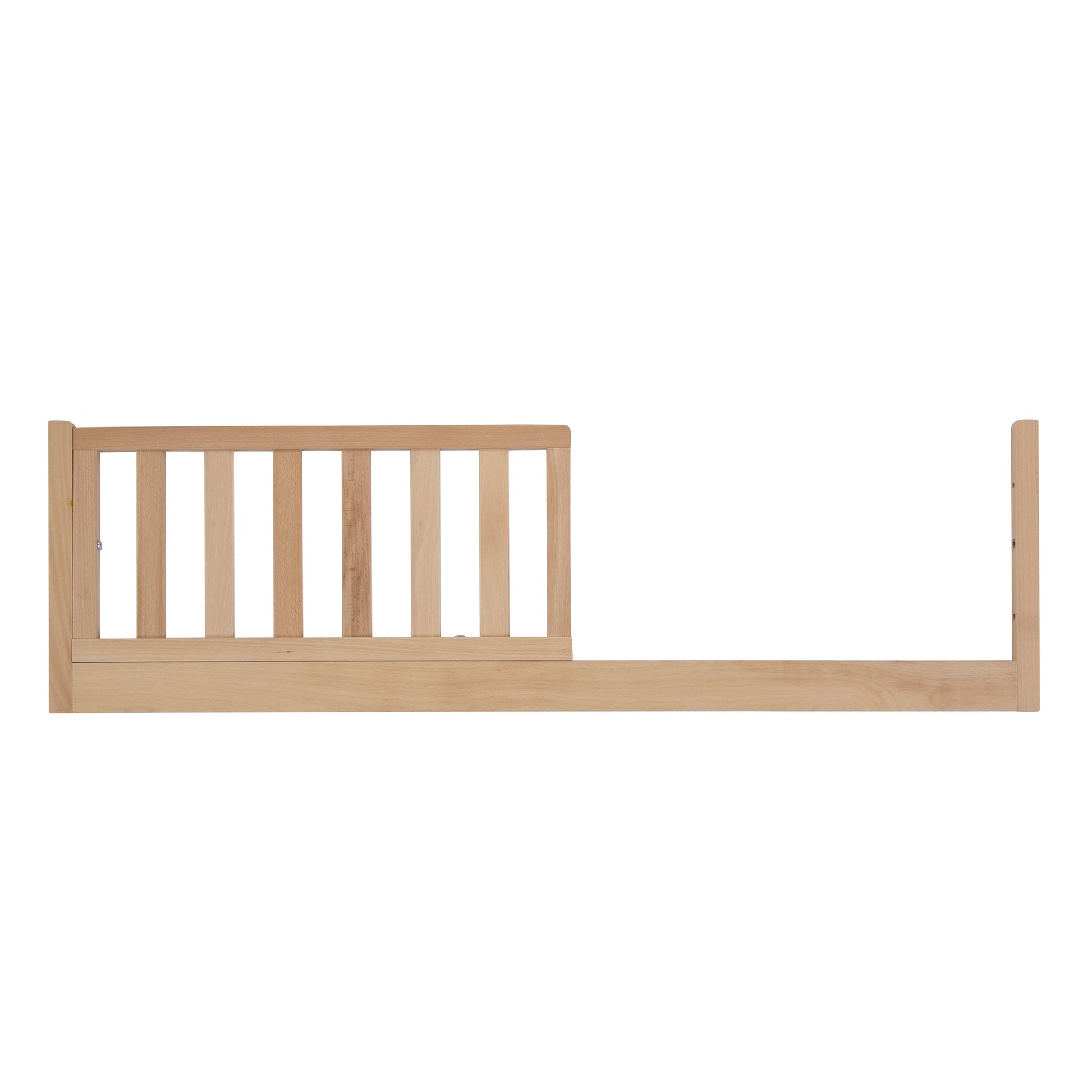 Side rail of a wooden crib made from natural wood, simple and modern design, isolated on a white background.