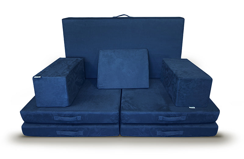 Newton baby blue modular play couch with various shaped cushions, isolated on white background. 500-3201-NVY