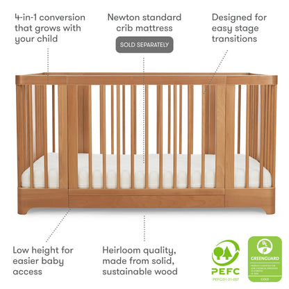 The Newton Baby Newton Nest Convertible Crib features 4-in-1 conversion, easy stage transitions, low height for baby access, is made from sustainable wood, GREENGUARD Gold certified; Newton mattress sold separately.