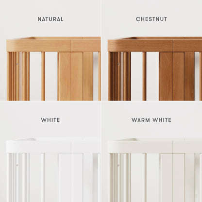 Diagram of each different color of the Newton Nest Convertible Crib, with text "natural, chestnut, white, warm white"