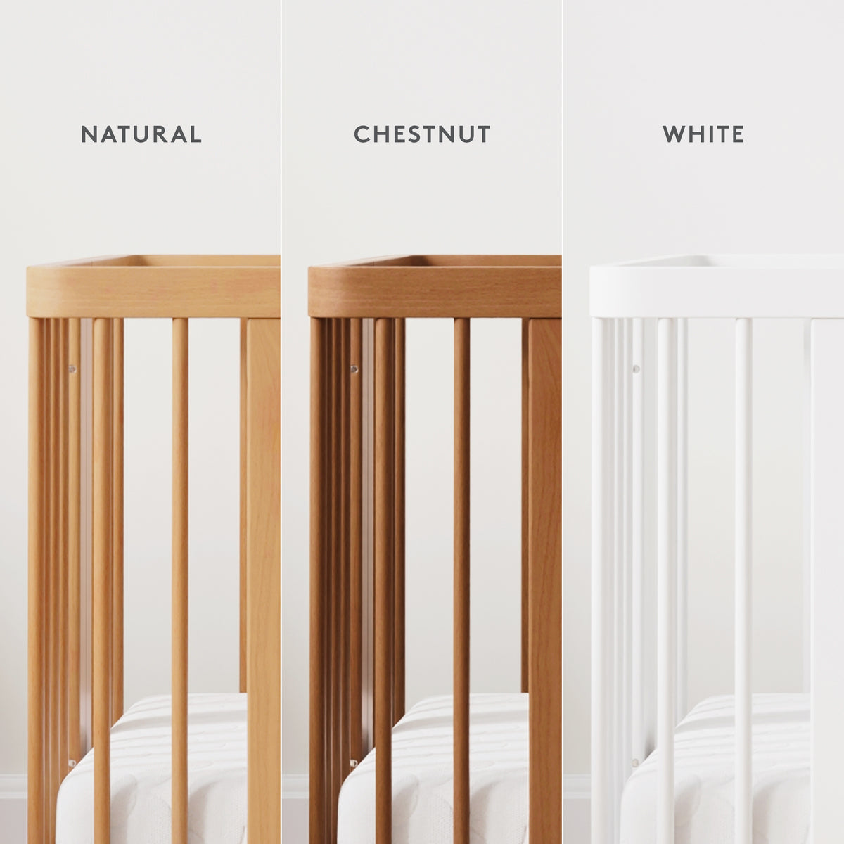 Three Newton Nest Convertible Cribs by Newton Baby are displayed side by side in a plain white setting, each in a different finish—Natural (light wood), Chestnut (medium brown), and White (solid white). Every crib is GREENGUARD Gold certified and functions as a 4-in-1 convertible crib, ensuring safety and long-term versatility for your nursery.