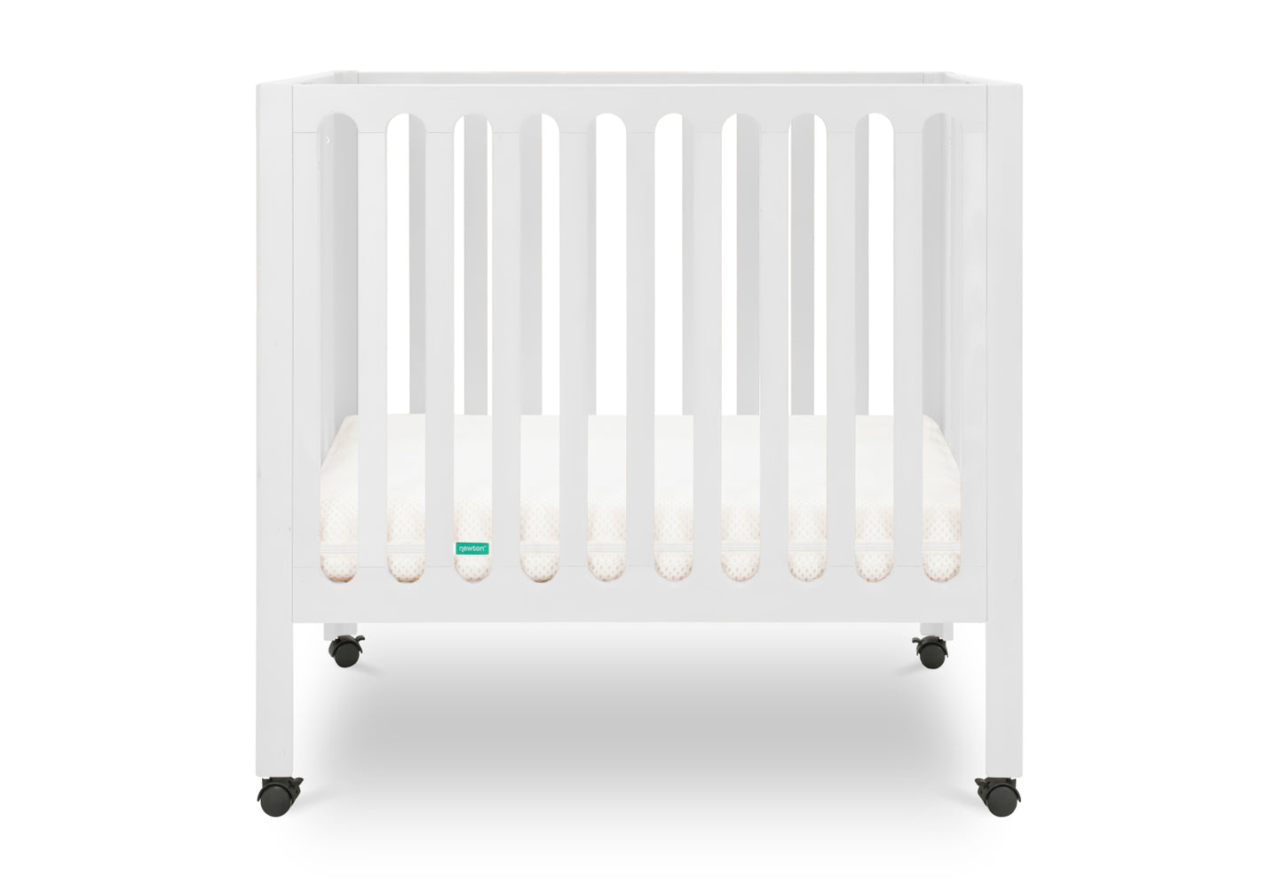 White modern baby crib with a thin mattress on wheels. 999-8430-WHT