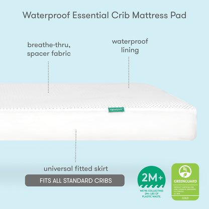 The Newton Baby Essential Waterproof Crib Pad is shown with white, breathable breathe-thru spacer fabric, a waterproof liner, and a universal fitted skirt. Badges note 2M+ recycled bottles used and GREENGUARD Gold certification.