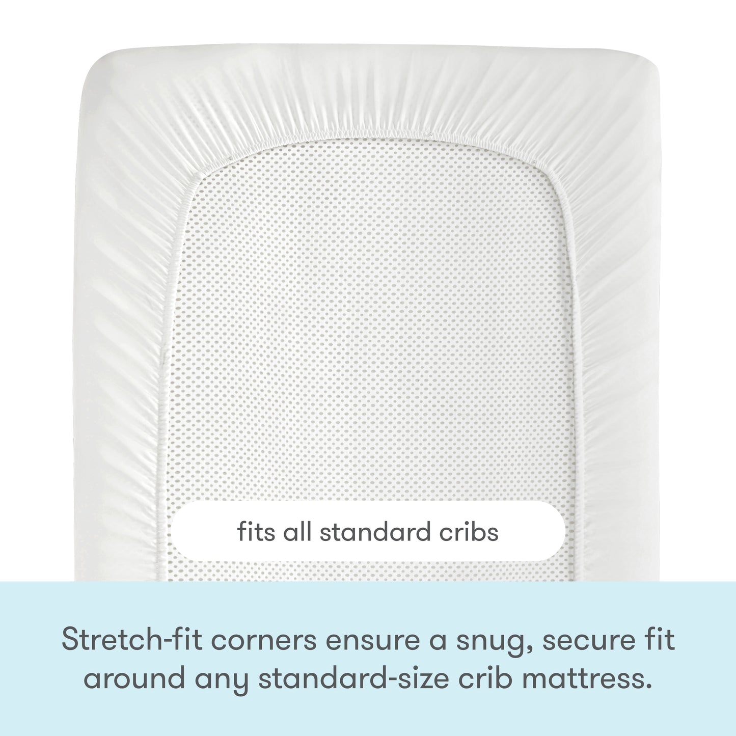 The Newton Baby Essential Waterproof Crib Pad is shown with stretch-fit corners snugly covering a crib mattress. Text reads: Fits all standard cribs and features a waterproof liner for added protection and a secure fit.