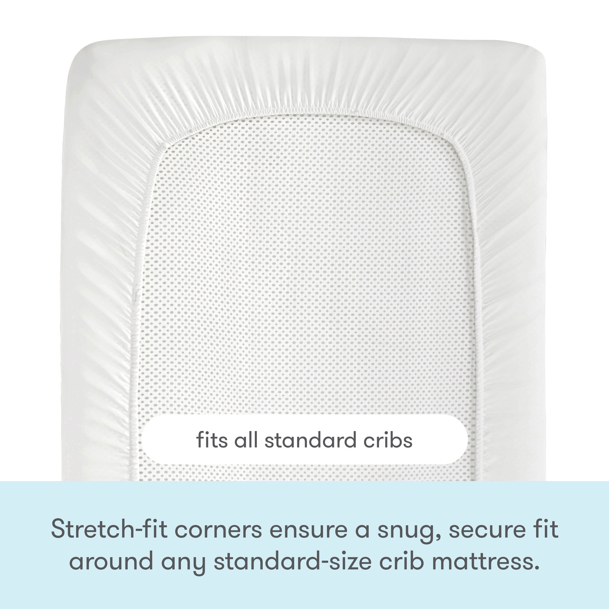 The Newton Baby Essential Waterproof Crib Pad is shown with stretch-fit corners snugly covering a crib mattress. Text reads: Fits all standard cribs and features a waterproof liner for added protection and a secure fit.