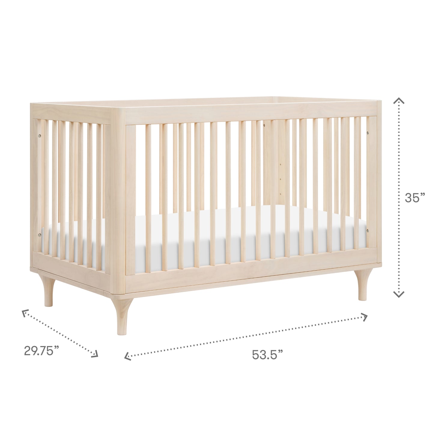The Babyletto Lolly Convertible Crib features slatted sides and angled legs, made from New Zealand pine; measures 35" H x 53.5" W x 29.75" D. A white mattress fits perfectly inside.