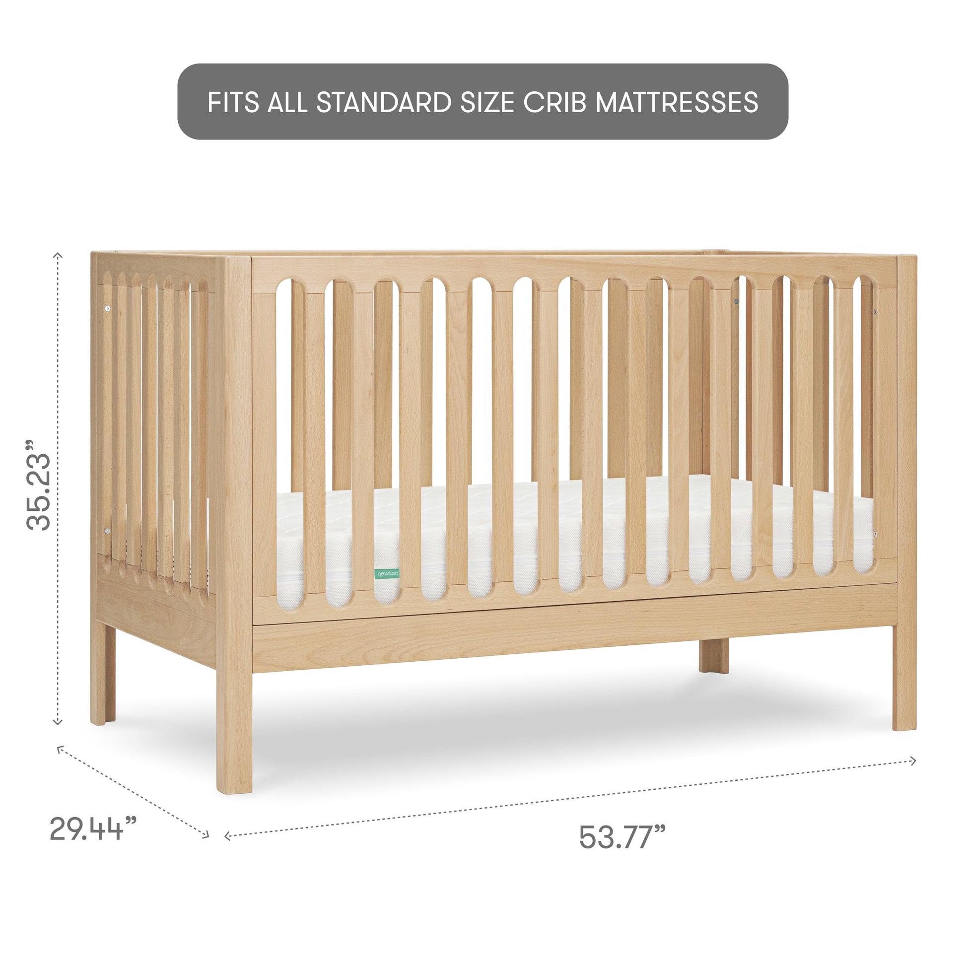 The Newton Galileo Convertible Crib by Newton Baby features light beech wood with vertical slats, measuring 35.23" H x 29.44" W x 53.77" L. Fits all standard size crib mattresses and converts for lasting use.