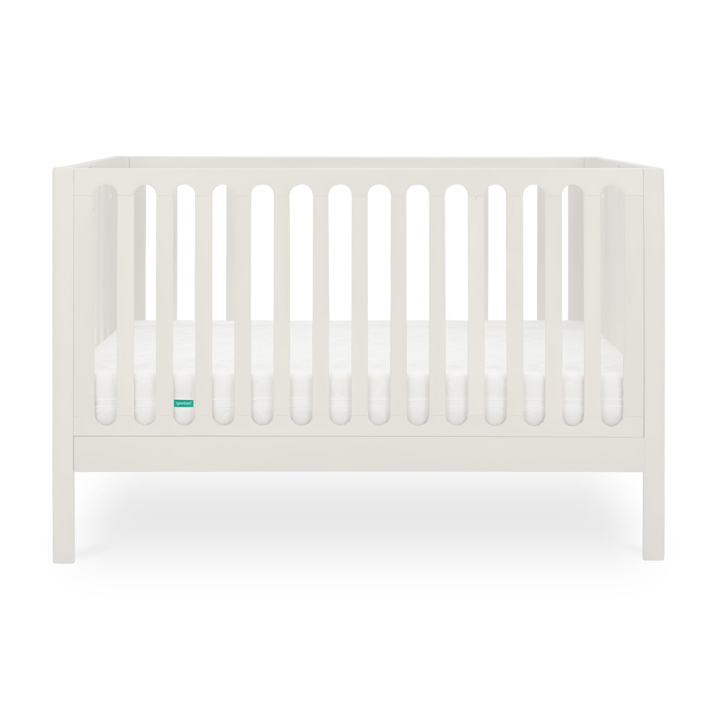 The Newton Galileo Convertible Crib by Newton Baby features modern white beech wood with vertical slats on all sides, a matching mattress, and converts to a toddler bed for extended use; shown against a plain white background.