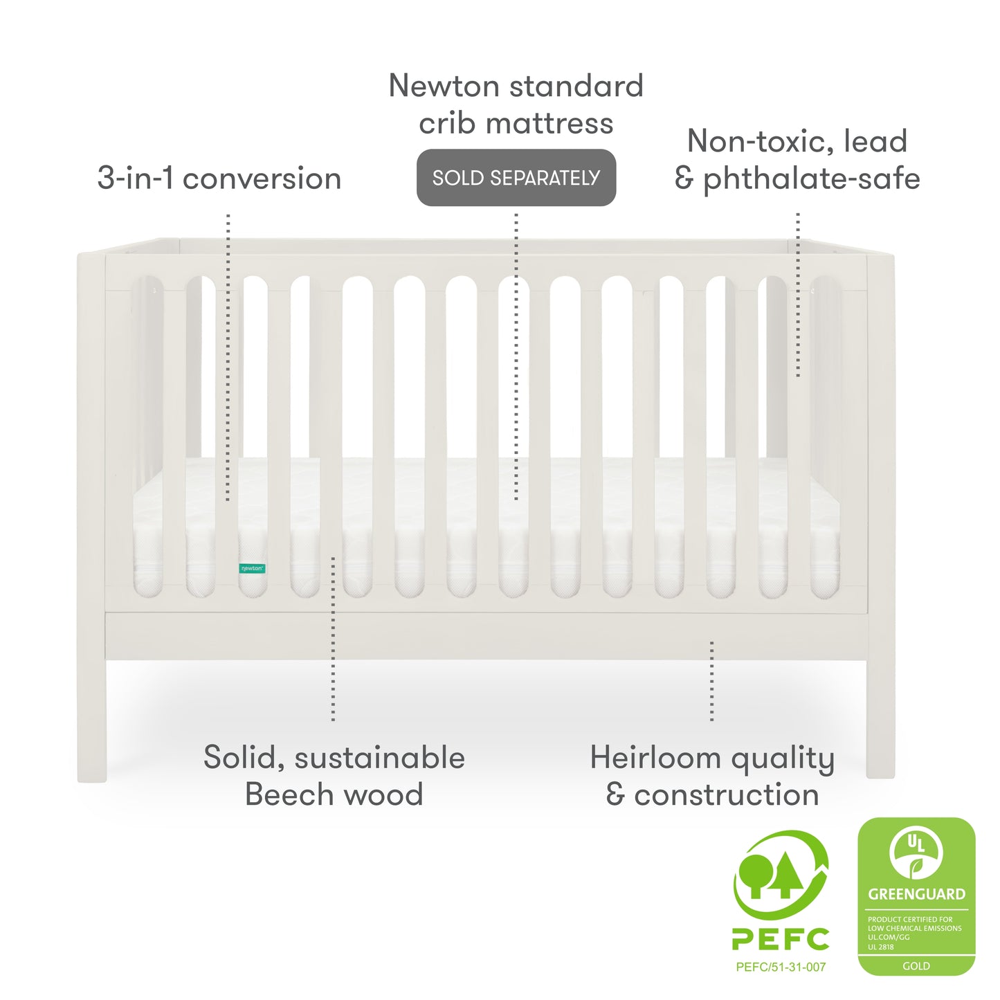 The Newton Baby Galileo Convertible Crib is a white solid beech wood crib with vertical slats, 3-in-1 toddler bed conversion, heirloom quality, non-toxic, PEFC and GREENGUARD Gold certified, and Newton mattress compatible.
