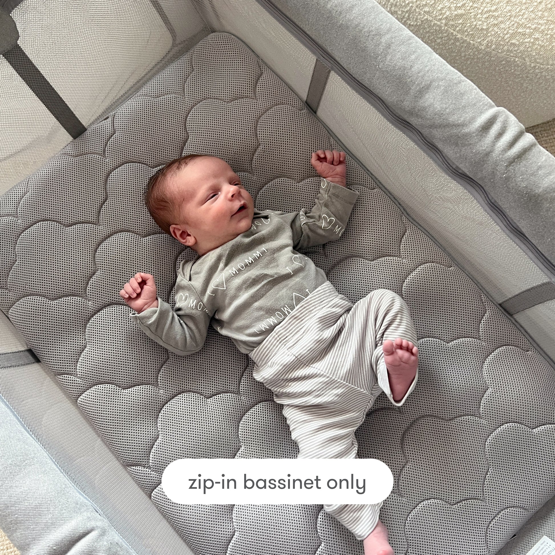 sleeping baby on bassinet insert with text "zip-in bassinet only" Bassinet Only