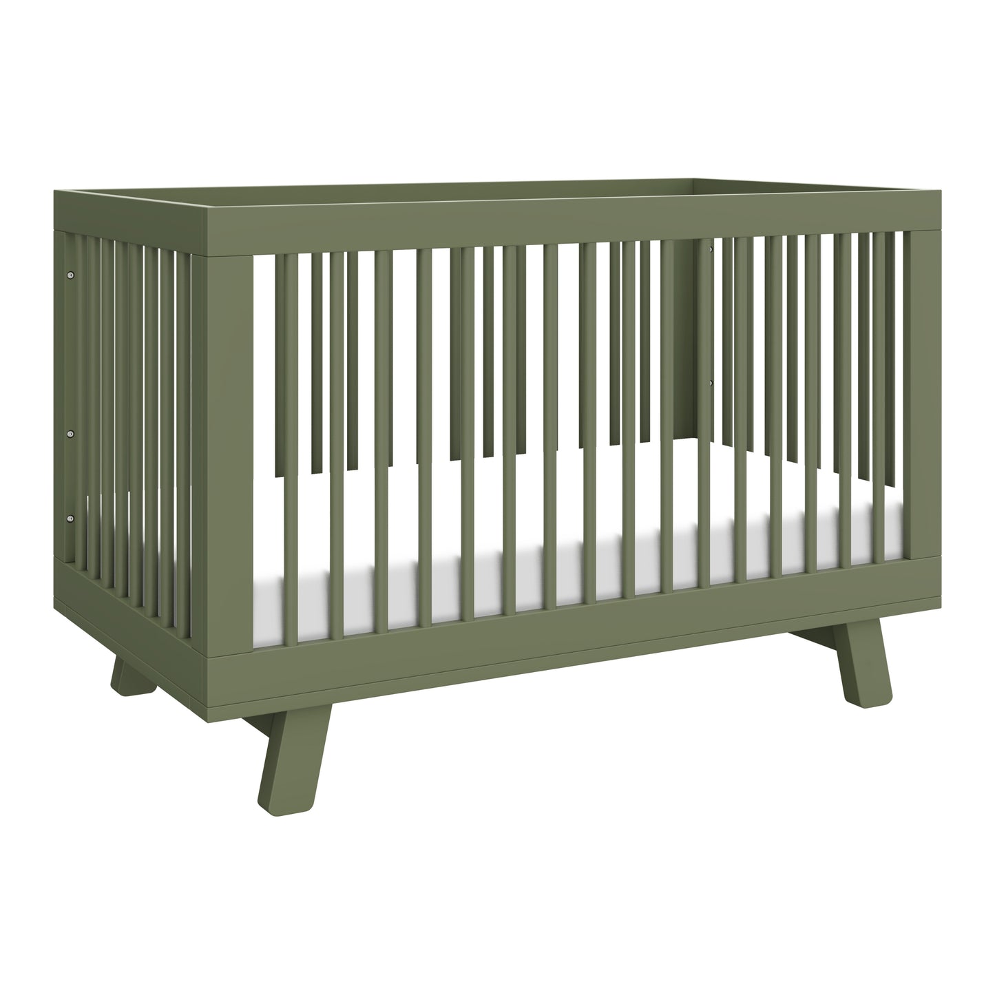 The Babyletto Hudson Convertible Crib in olive green features slatted sides, angled legs, a clean modern design, and a white mattress. It easily converts into a toddler bed for added versatility.