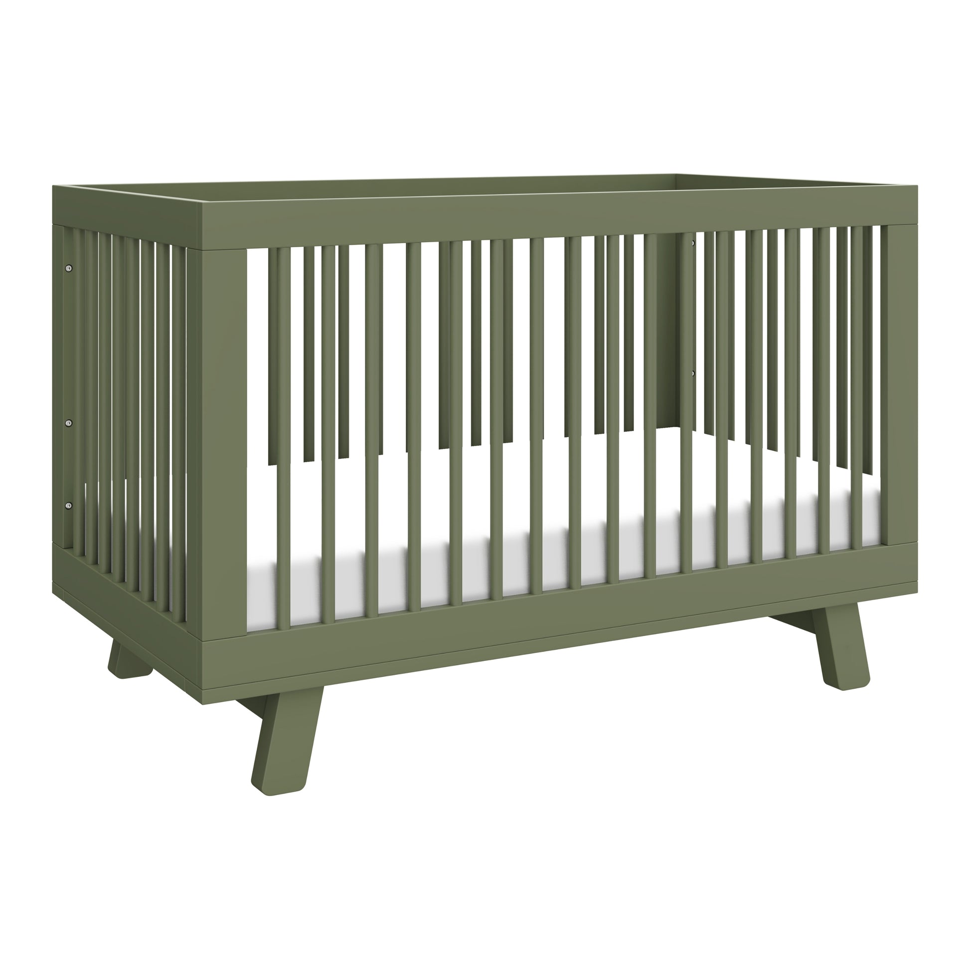 The Babyletto Hudson Convertible Crib in olive green features slatted sides, angled legs, a clean modern design, and a white mattress. It easily converts into a toddler bed for added versatility.