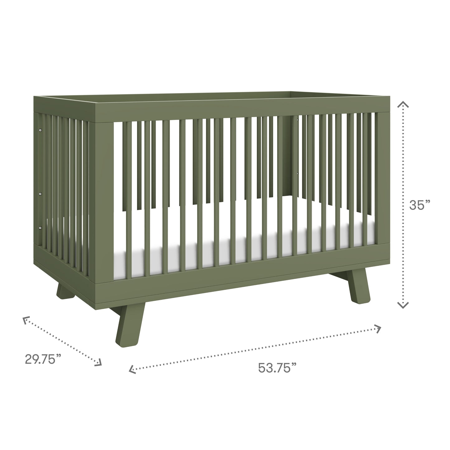 The Babyletto Hudson Convertible Crib in olive green features vertical slats, flat top rails, and angled legs. Measuring 35"H x 29.75"D x 53.75"W, it includes a white mattress and easily converts to a toddler bed.