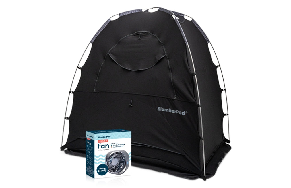 slumberpod black tent with portable fan in box in front of it, on white background skip