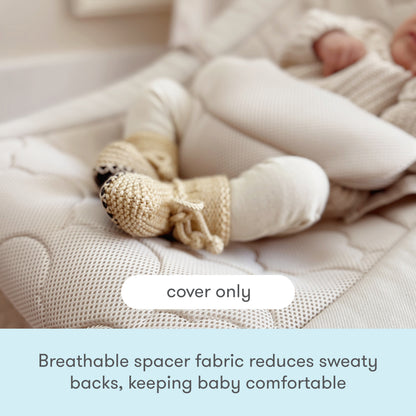 A baby wearing knit booties lies on a breathable, textured seat cover. Text reads: Cover only and Breathable spacer fabric reduces sweaty backs to keep your little one comfortable—upgrade your Newton Baby Rocker with the Newton Baby Rocker Extra Cover.