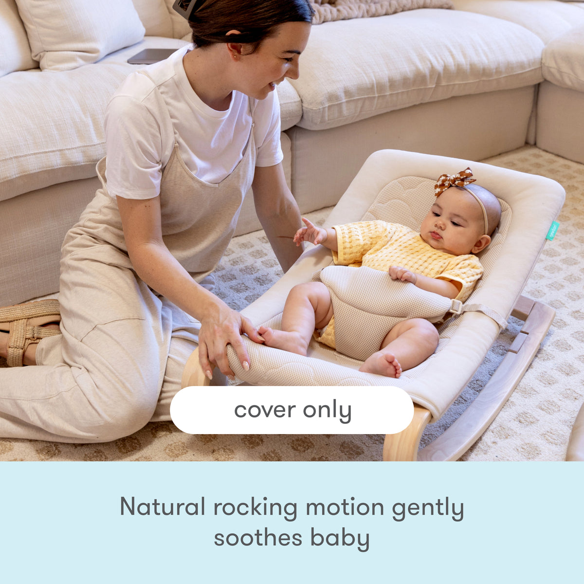 A woman kneels beside a baby in a rocker, gently holding it. Text reads, Newton Baby—Baby Rocker Extra Cover. The breathable cover provides comfort while your baby enjoys the soothing natural rocking motion.