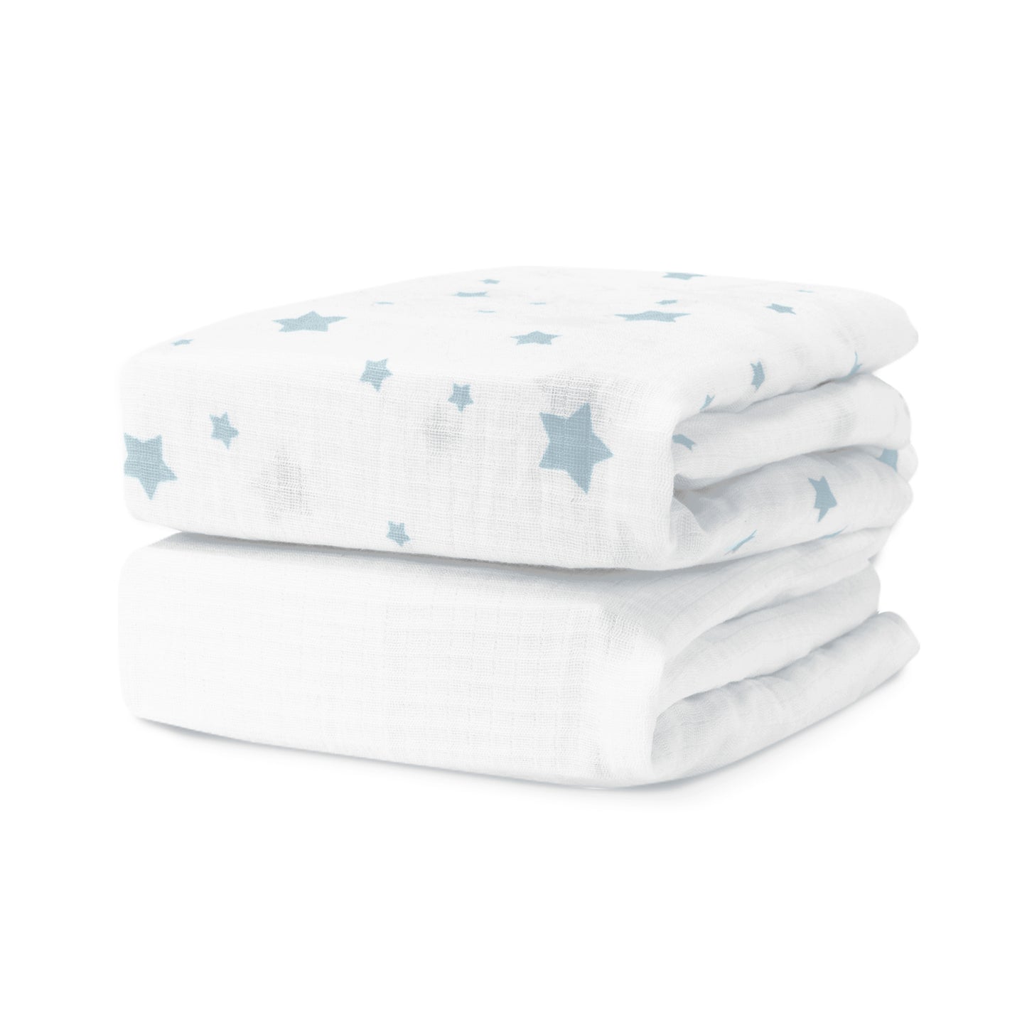 The Newton Baby Breathable, Organic Cotton Sheets (2-pack) feature soft, white muslin crib sheets with a light blue star pattern, providing a gentle touch for your baby’s crib. 999-3020-SDW