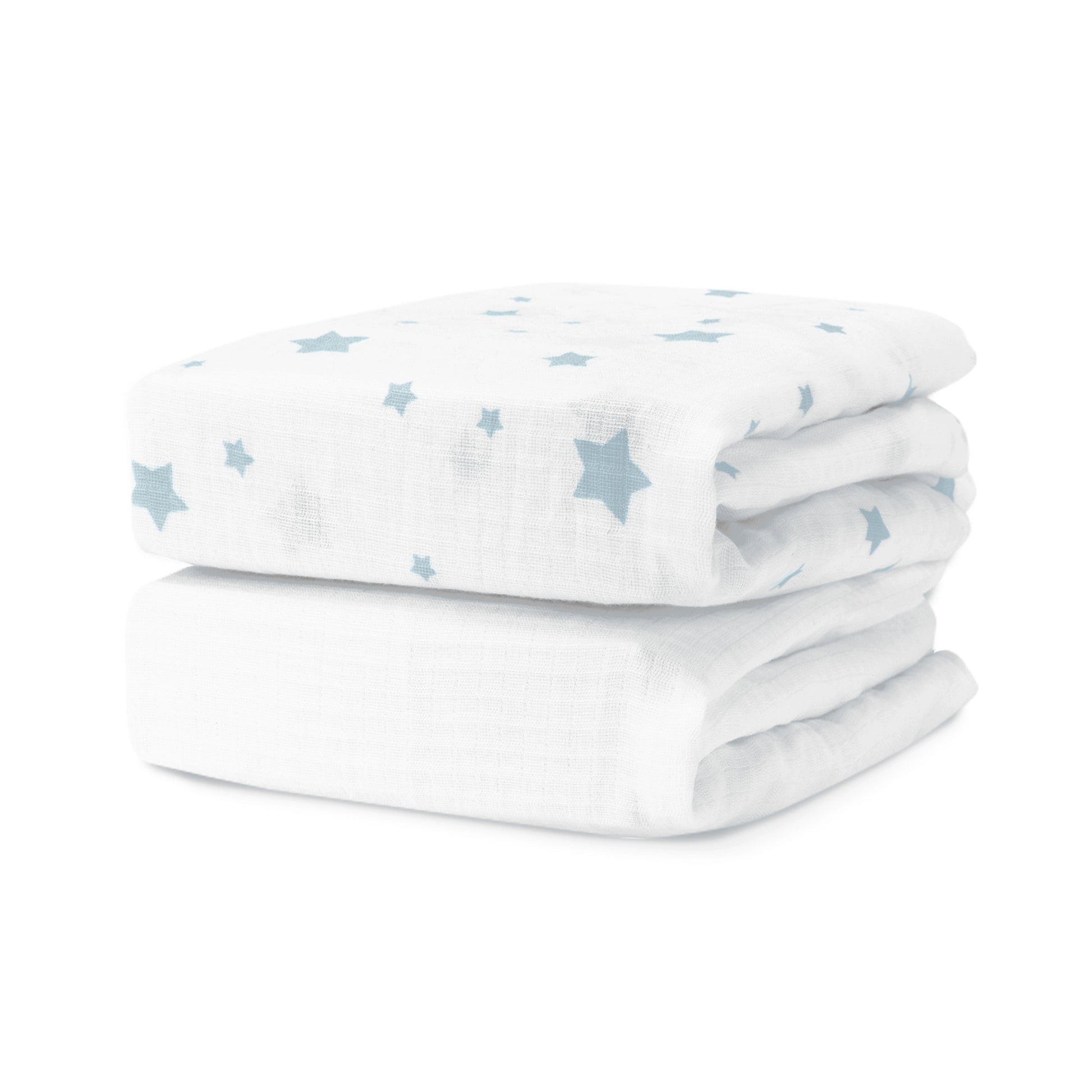 The Newton Baby Breathable, Organic Cotton Sheets (2-pack) feature soft, white muslin crib sheets with a light blue star pattern, providing a gentle touch for your baby’s crib. 999-3020-SDW