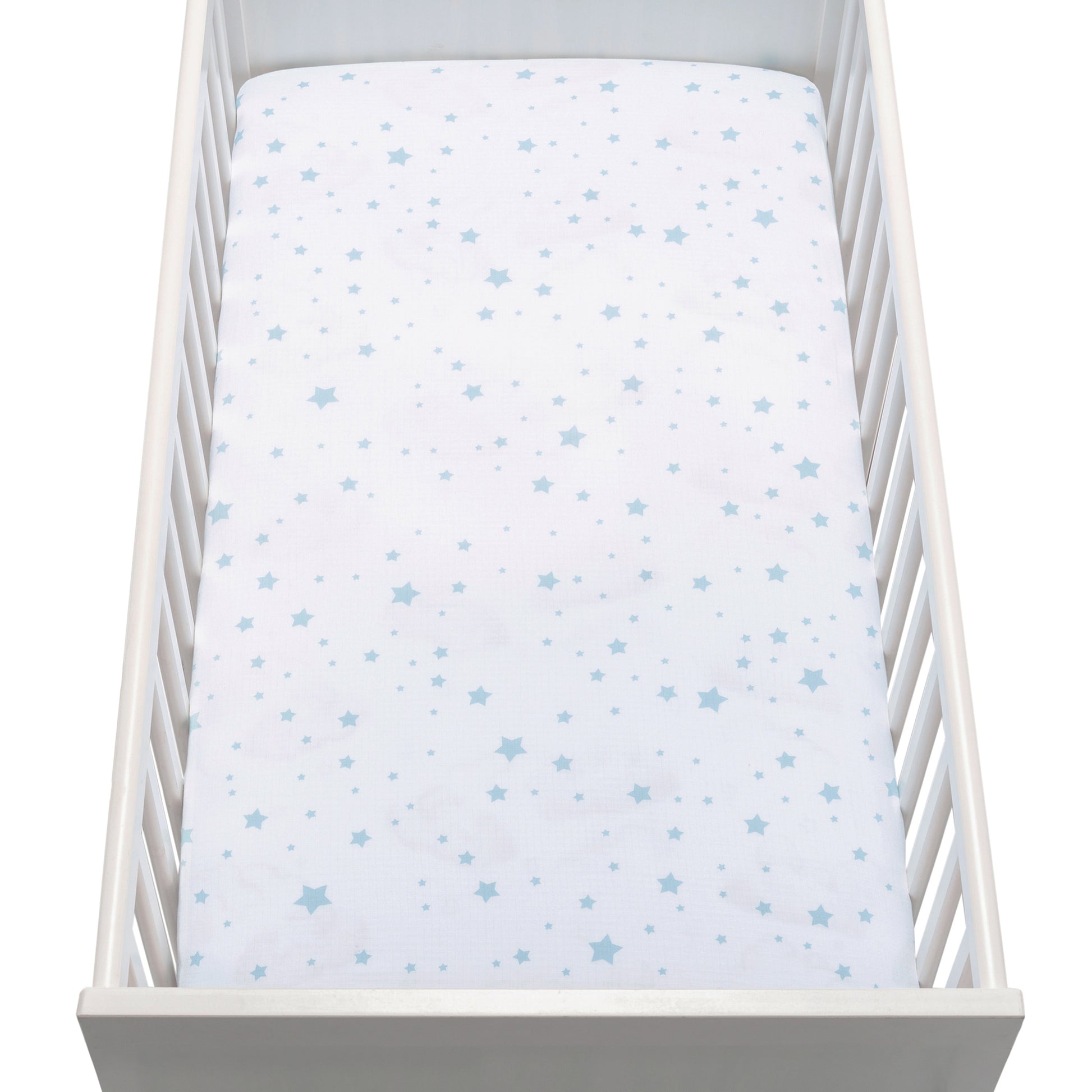A top-view image shows a white baby crib with Newton Baby Breathable, Organic Cotton Sheets (2-pack) and white bedding featuring light blue stars of various sizes, highlighting the mattress and crib rails.