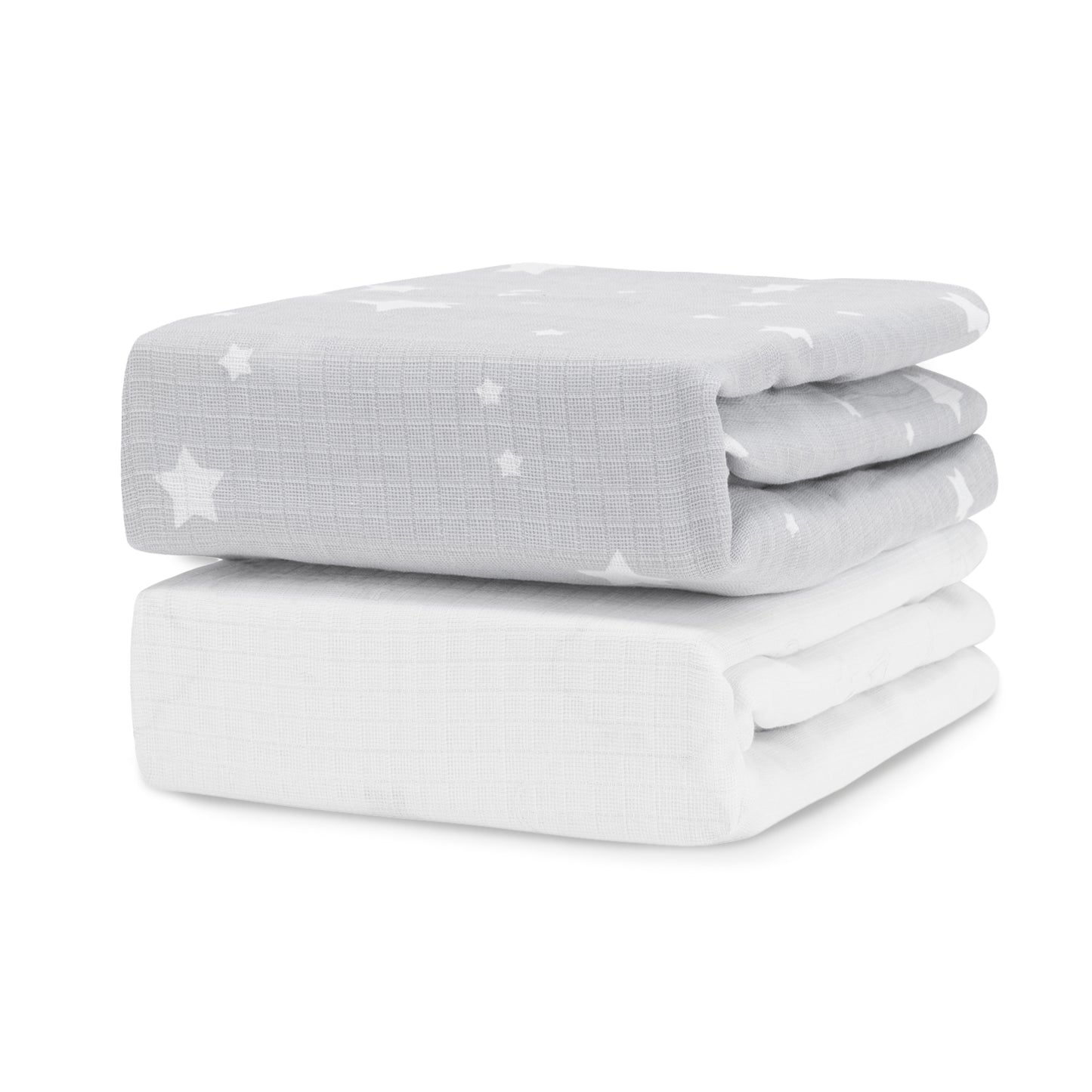 Two Newton Baby Breathable, Organic Cotton Sheets (2-pack) are stacked; the top is light gray with white stars and moons, while the bottom is solid white.