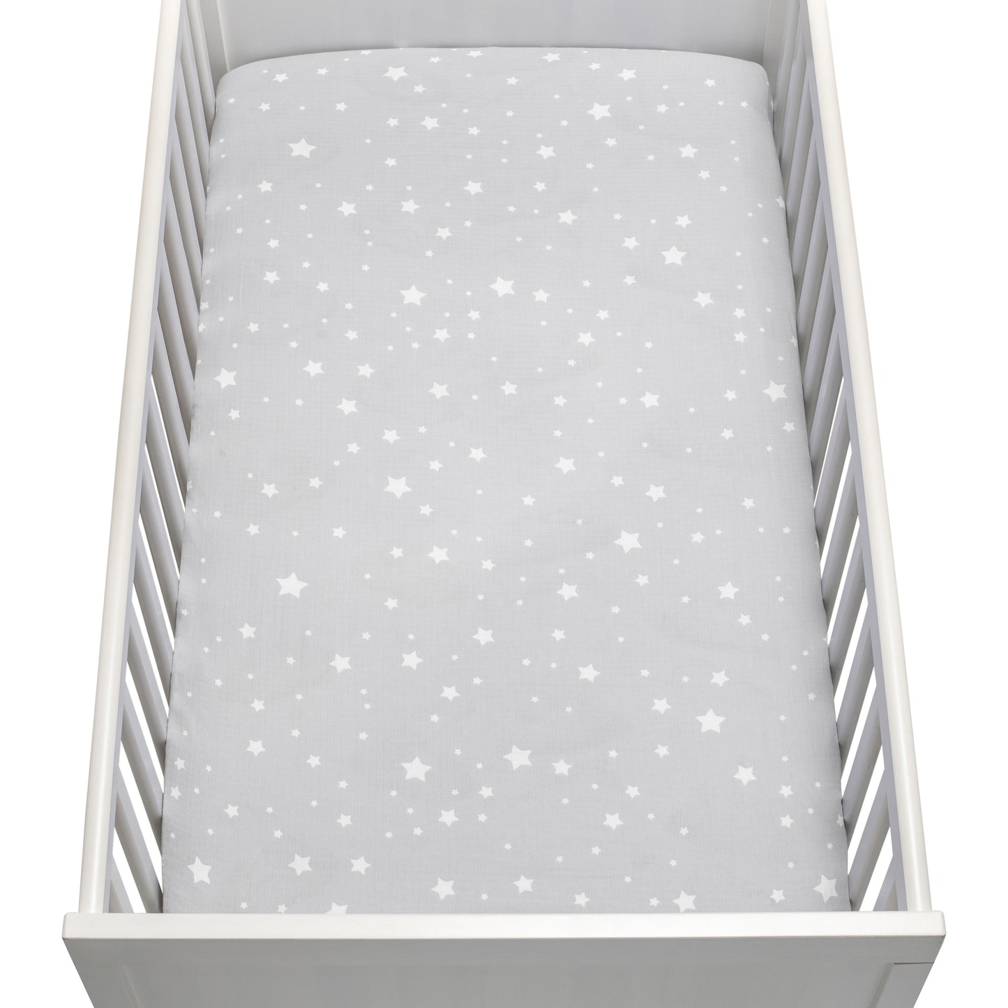 The Newton Baby Breathable, Organic Cotton Sheets (2-pack) include a light gray sheet with white stars in various sizes, made from soft, hypoallergenic fabric for your baby's comfort.