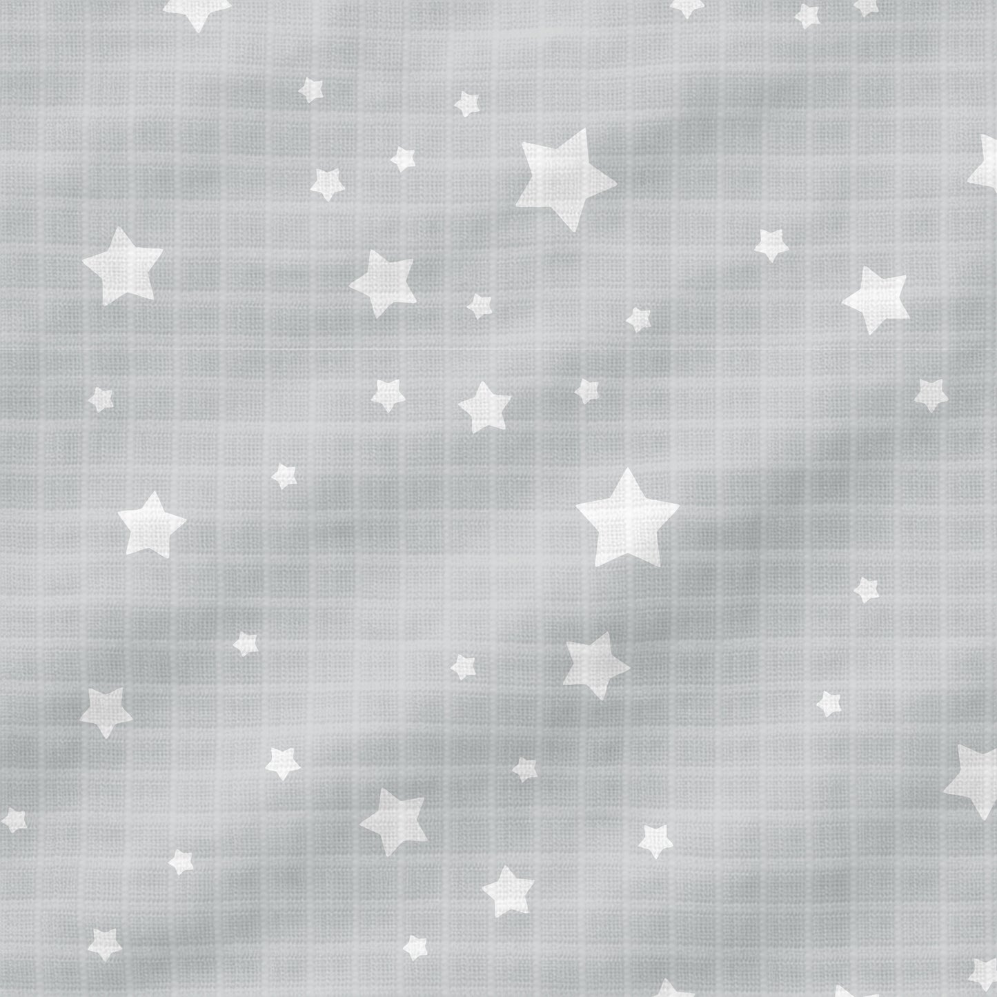 The Newton Baby Breathable, Organic Cotton Sheets (2-pack) feature light gray muslin with a grid pattern, a subtle wavy texture, and scattered white stars in various sizes for stylish comfort in your baby's crib.
