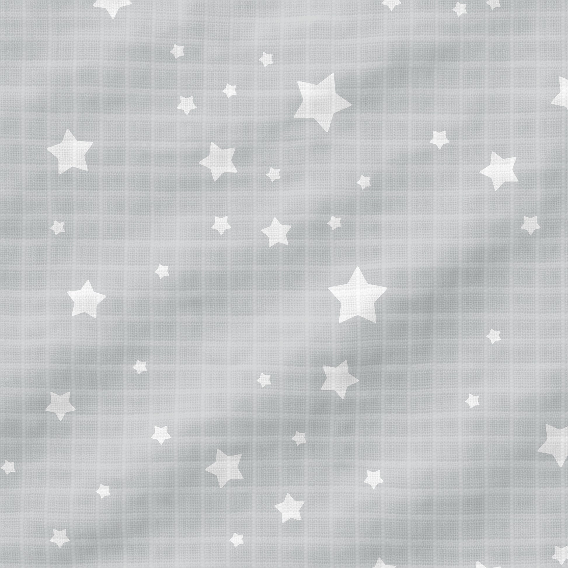 The Newton Baby Breathable, Organic Cotton Sheets (2-pack) feature light gray muslin with a grid pattern, a subtle wavy texture, and scattered white stars in various sizes for stylish comfort in your baby's crib.