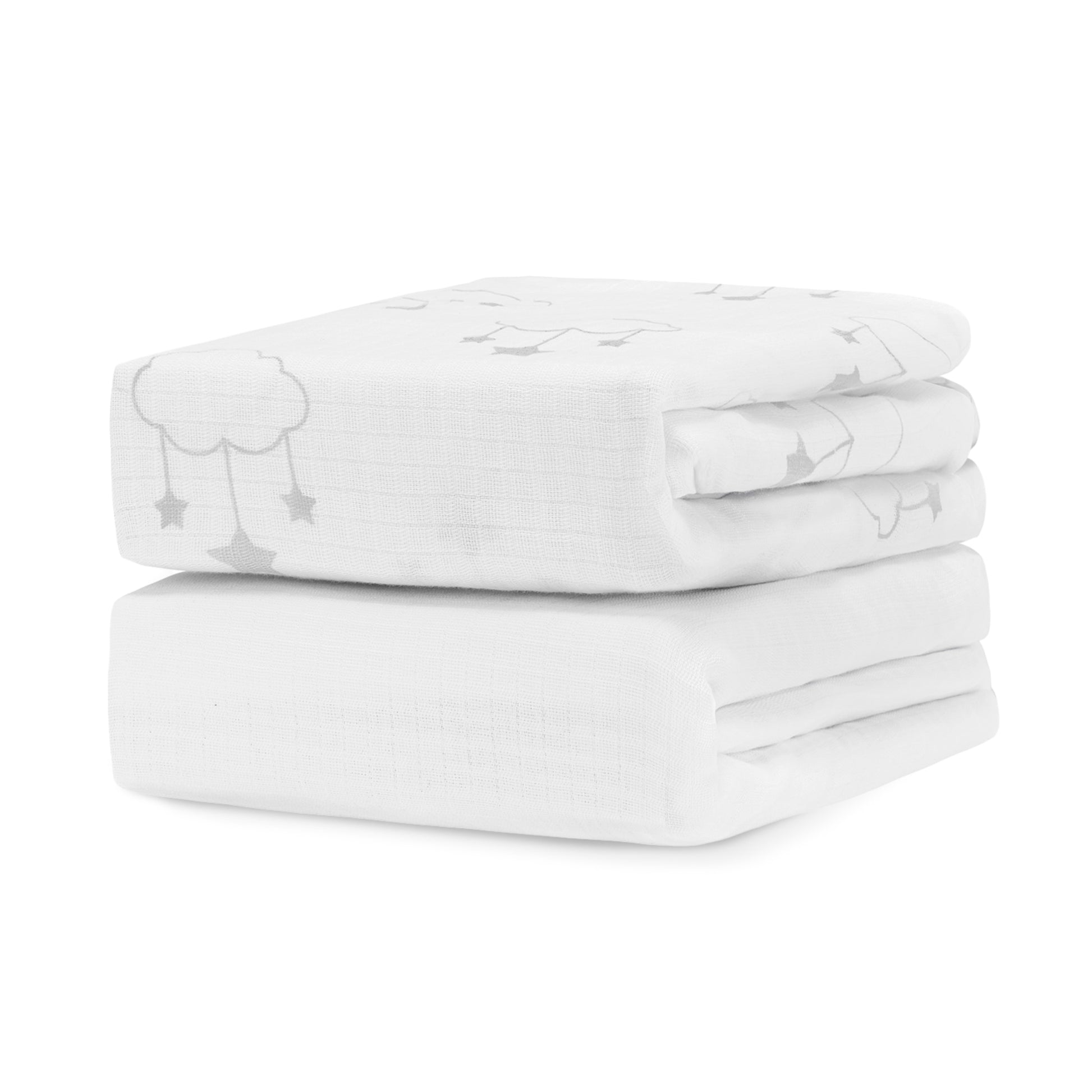 Two Newton Baby Breathable, Organic Cotton Sheets (2-pack) are folded and stacked neatly, featuring a subtle grey cloud and star pattern, shown against a plain white background.