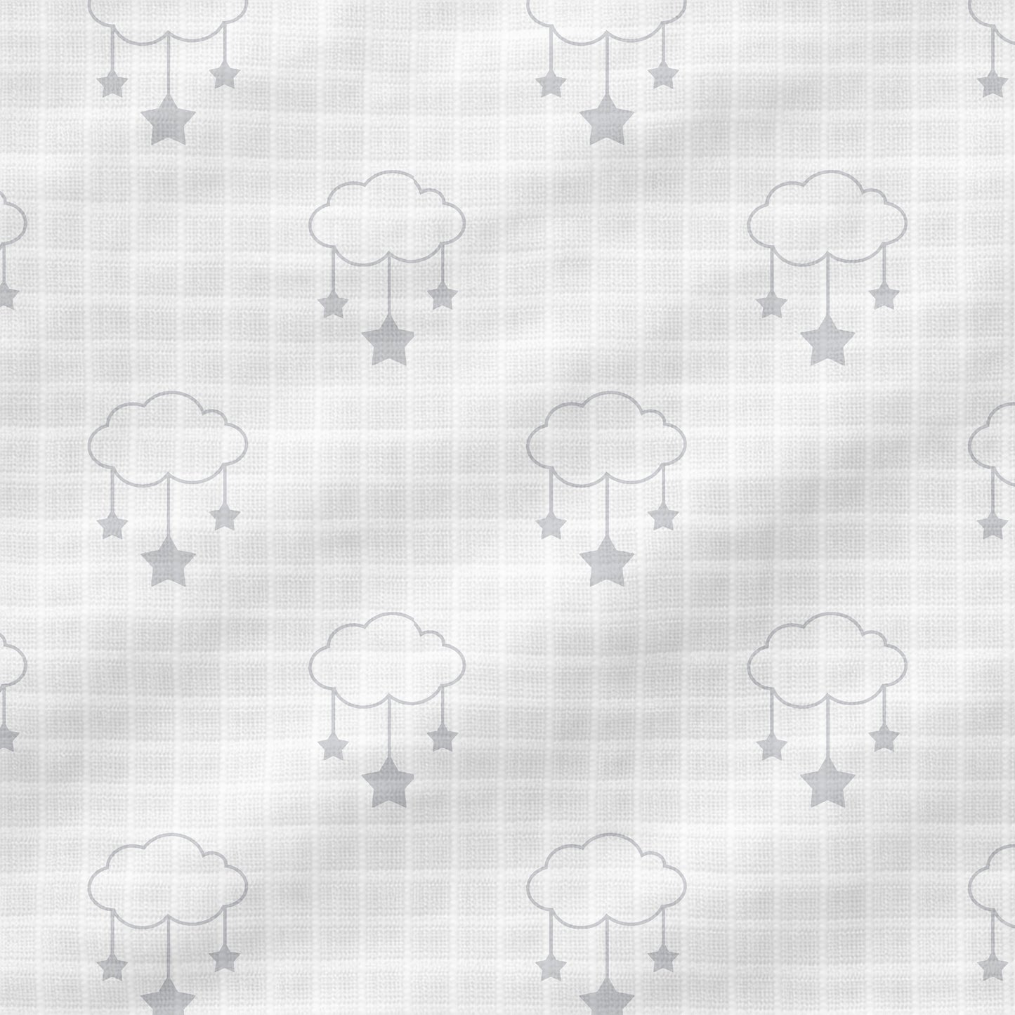 Newton Baby’s Breathable, Organic Cotton Sheets (2-pack) feature a seamless pattern of gray clouds and hanging stars on a subtle checkered background—soft, minimalistic, and perfect for creating a gentle, dreamy crib.