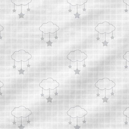 Newton Baby’s Breathable, Organic Cotton Sheets (2-pack) feature a seamless pattern of gray clouds and hanging stars on a subtle checkered background—soft, minimalistic, and perfect for creating a gentle, dreamy crib.