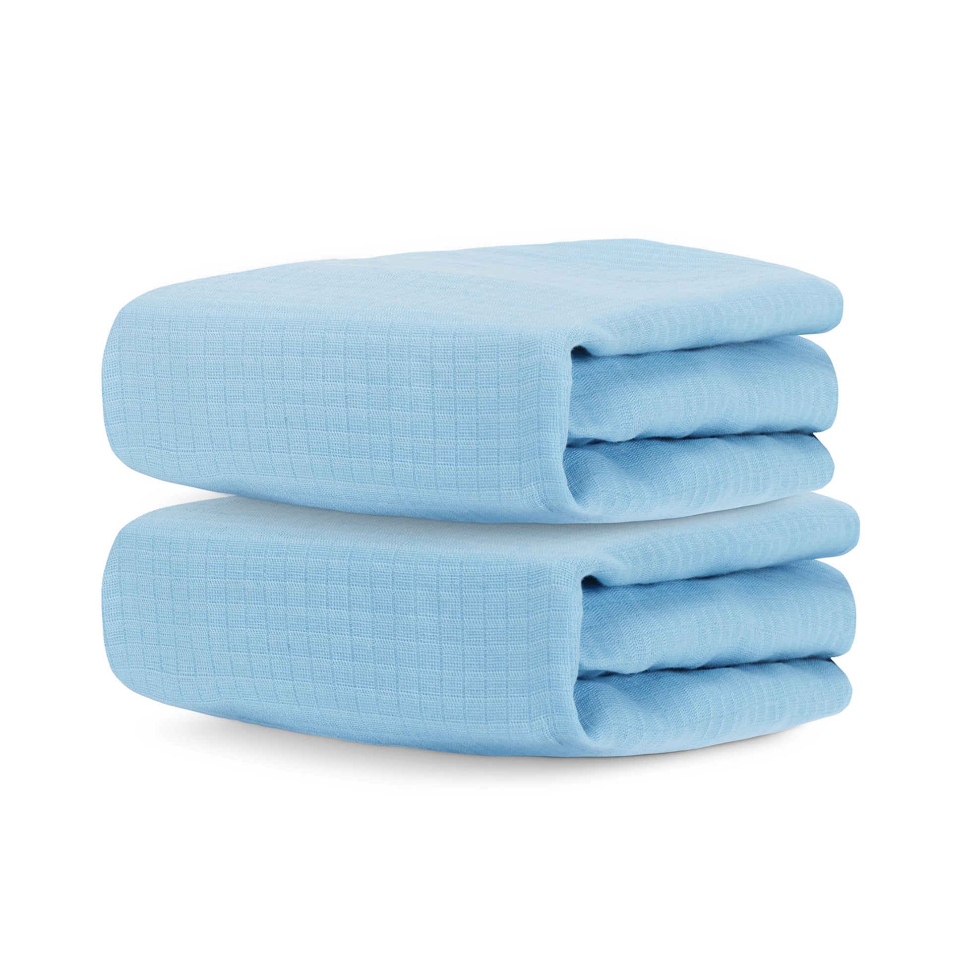 Two neatly folded light blue Newton Baby Breathable, Organic Cotton Sheets (2-pack) are stacked atop each other against a white background, their subtle grid pattern adding to their soft and airy appeal. 999-3020-BNB