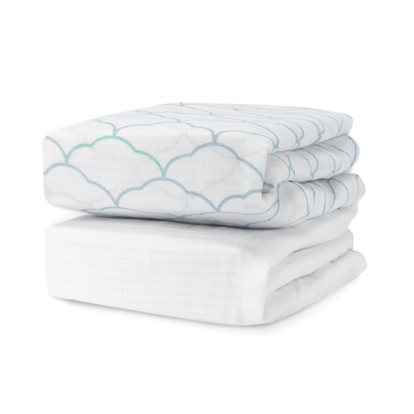 Stack of white and light blue patterned sheets on a white background. 999-3020-DWW