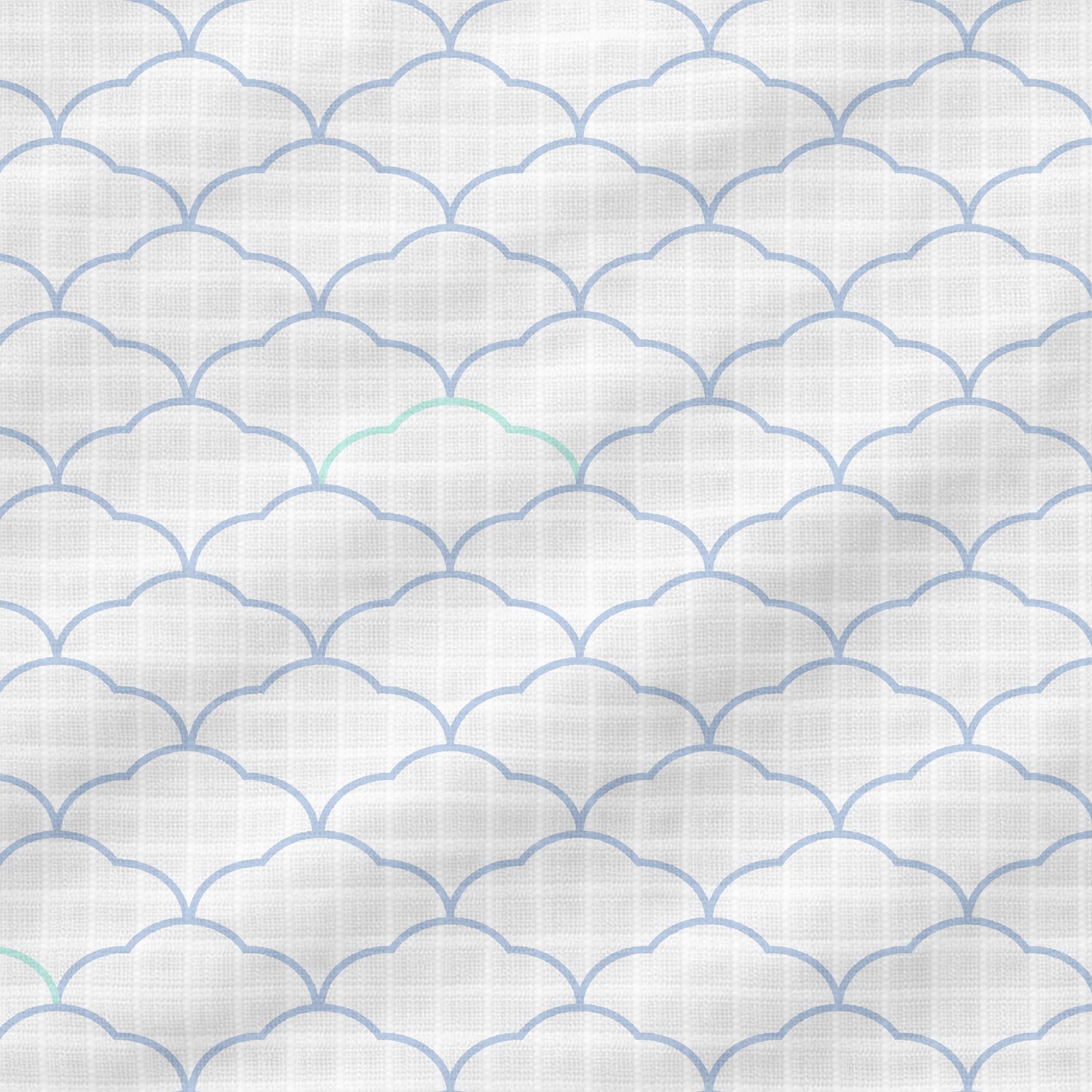 A seamless pattern of blue scallops on a white grid, accented with light green, creates calm geometry—ideal for Newton Baby’s Breathable, Organic Cotton Sheets (2-pack).