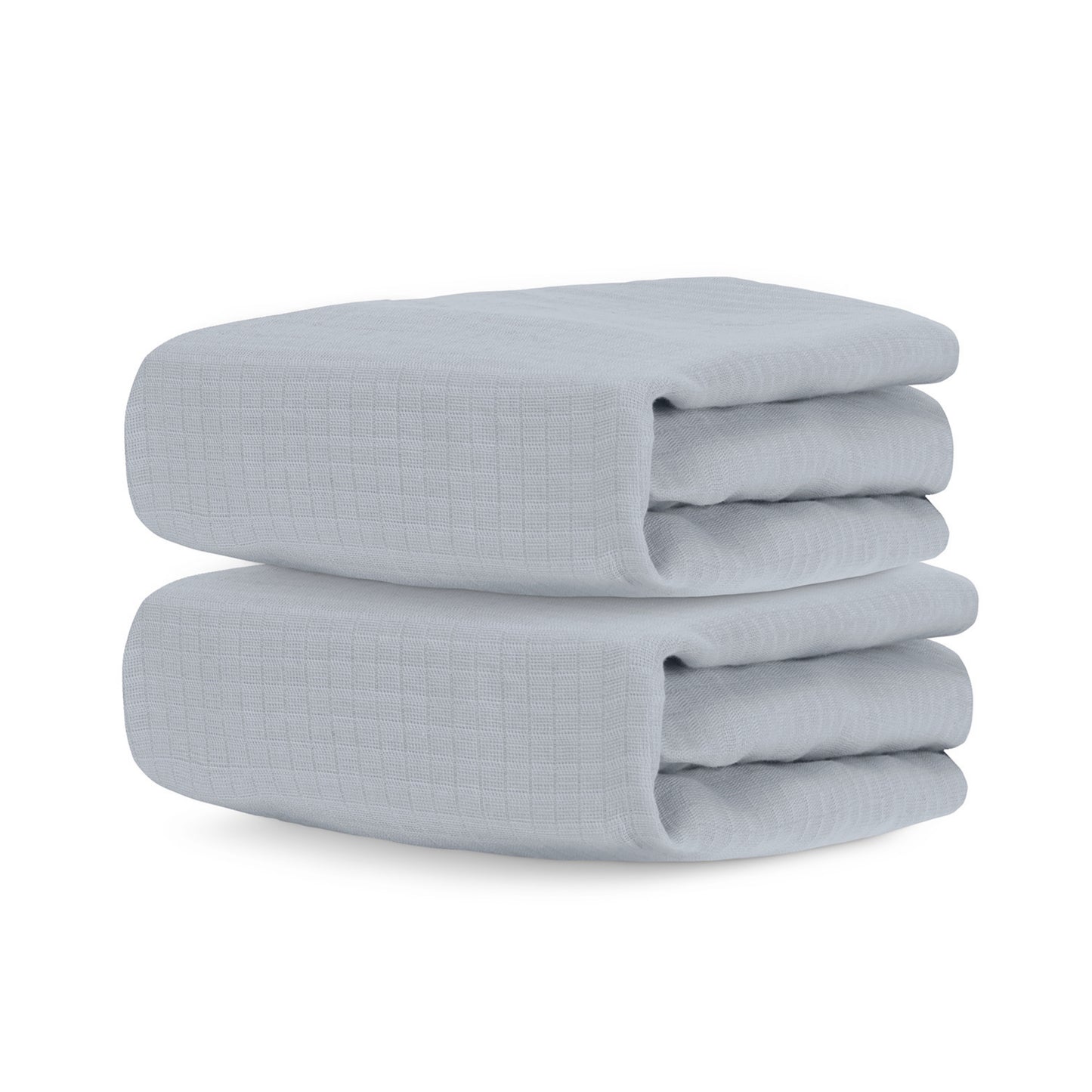 Two neatly folded, light gray Newton Baby Breathable, Organic Cotton Sheets (2-pack) with a subtle textured grid pattern—ideal for layering in the crib.