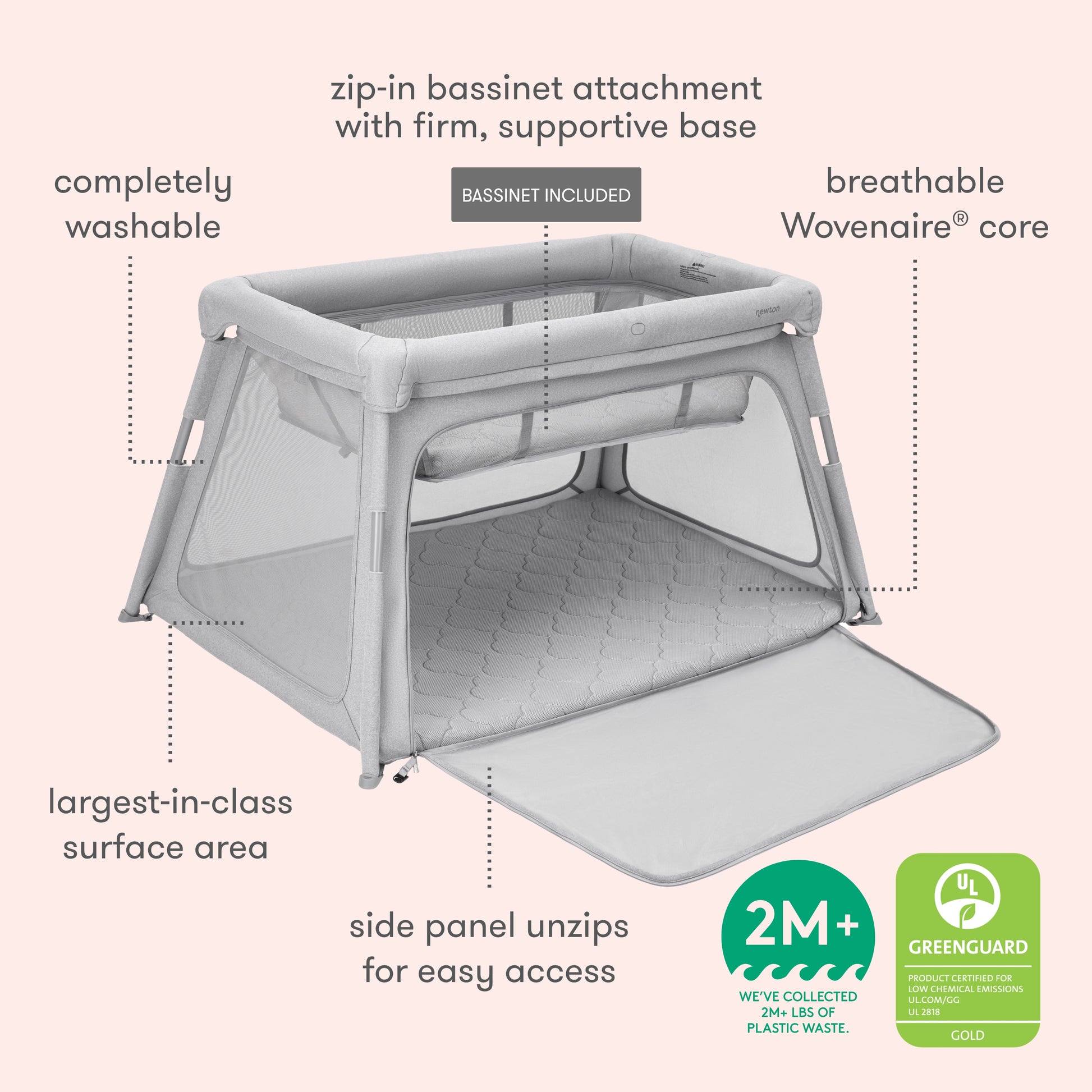 The Newton Baby Deluxe Travel Crib & Play Yard features mesh sides, a washable breathable mattress core, a spacious surface, zip-in bassinet, supportive base, unzip side panel, and is GREENGUARD Gold certified. For ages 2M+.