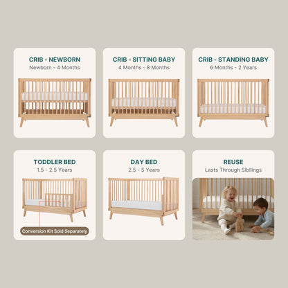 Six panels show the dadada baby Soho Convertible Crib transforming from newborn crib to toddler bed and day bed, reused for siblings. In the last panel, two children play by the crib, which features a Newton crib mattress.